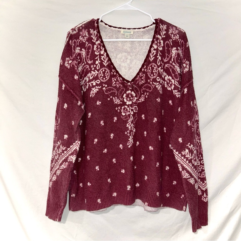 Sundance Burgundy Bandana Print Floral Paisley Boho Long Sleeve V-neck Sweater